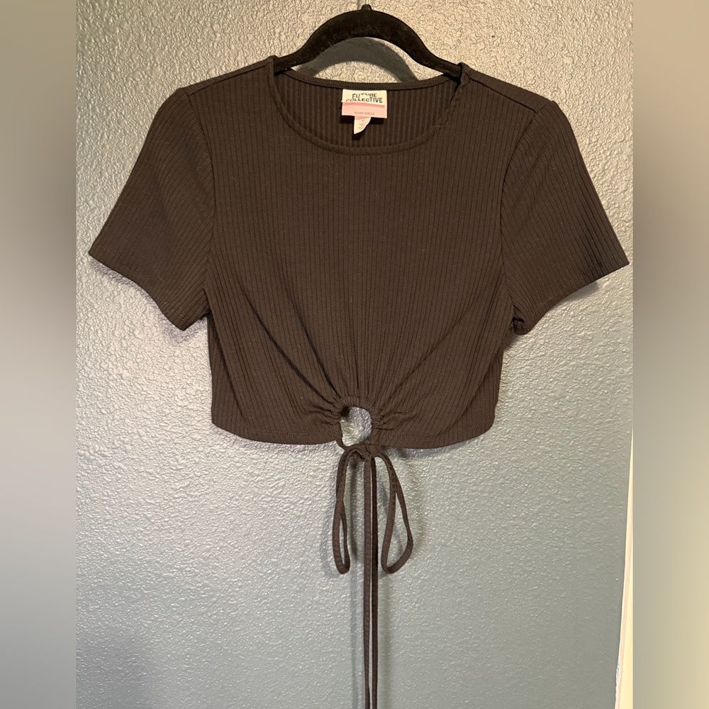 Black Ribbed Crop Tee with that Wraps Around Waist-Future Collective